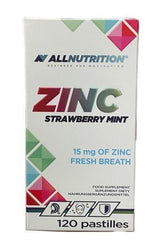 Allnutrition Zinc Strawberry Mint supplement box with 15 mg of zinc in fresh breath pastilles, 120 count.